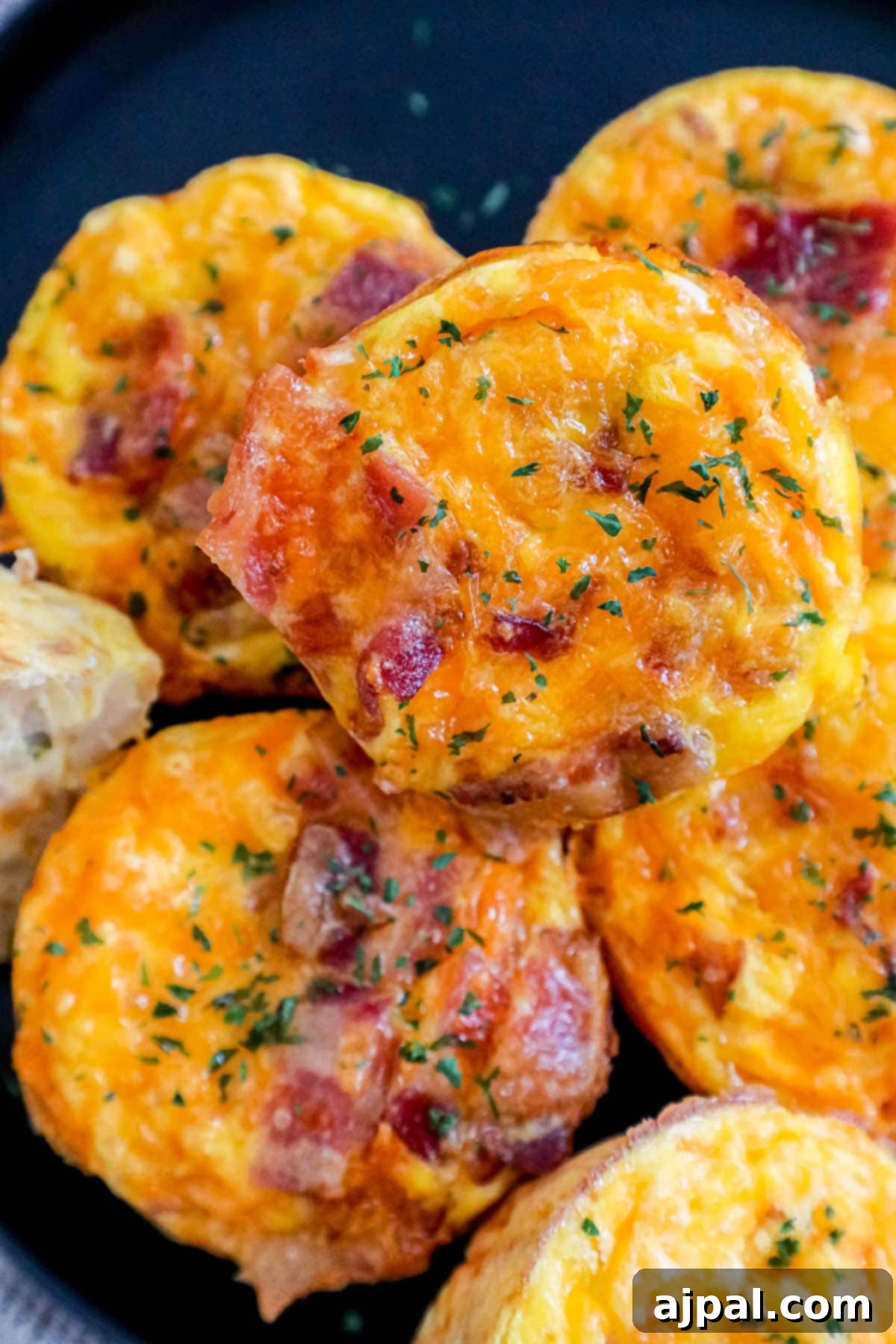 Hashbrown Egg Nests 2 Crispy hashbrown egg cups with bacon, stacked on a black plate