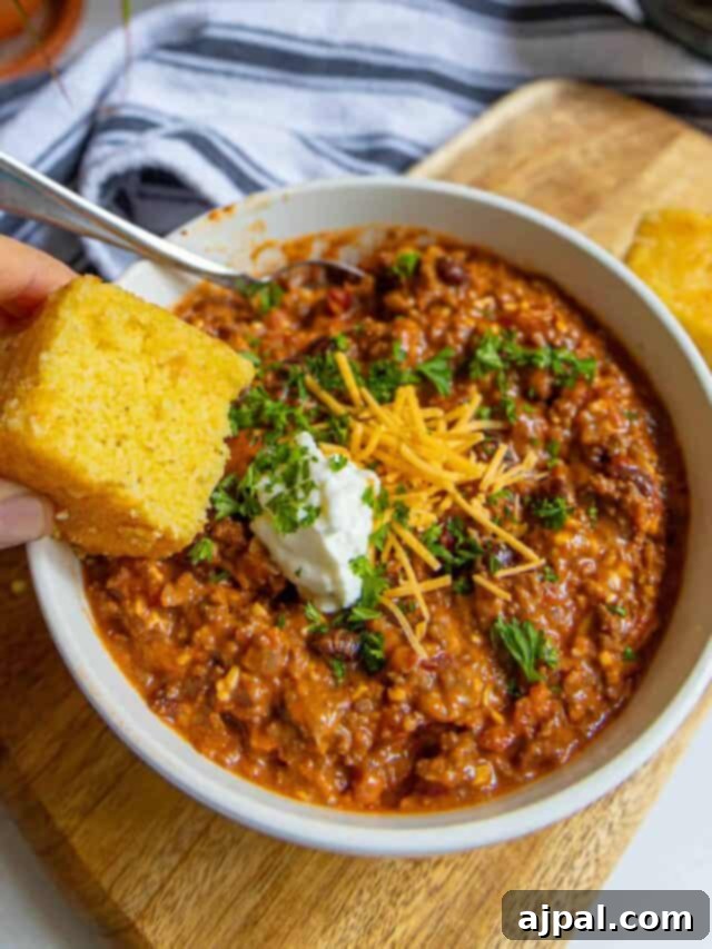 No-Fuss Hearty Beef and Bean Chili 9 A bowl of chili with cornbread on a cutting board.