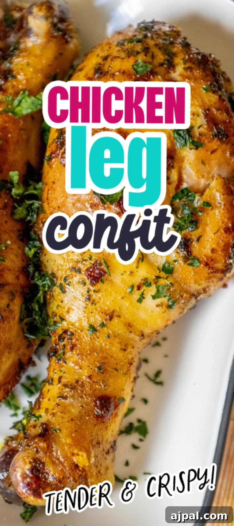 Tender Confit Chicken Legs 11 chicken confit drumsticks topped with parsley in a white dish