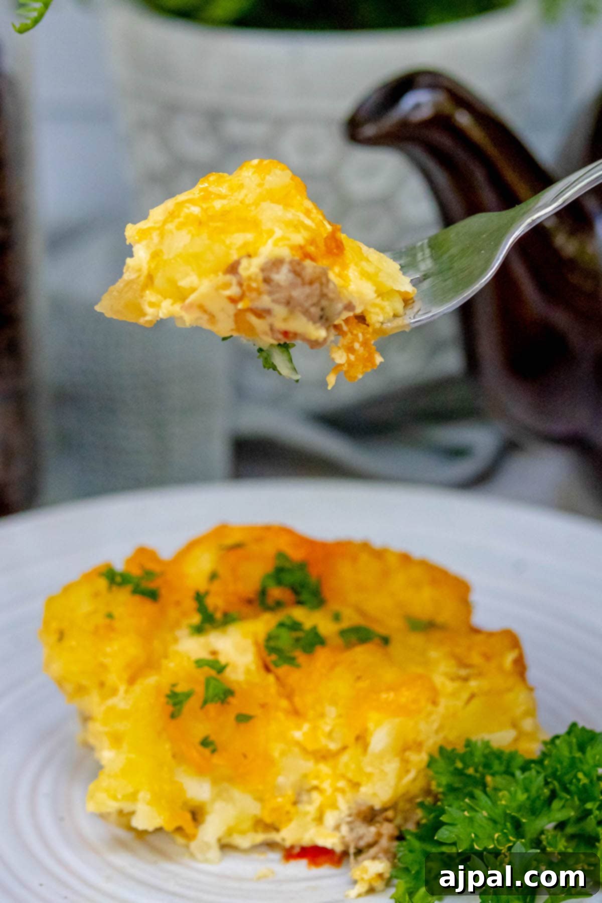 Hearty Tater Tot Breakfast Bake 2 Cheesy baked tater tot casserole served on a white plate, showcasing its golden tater tot topping.