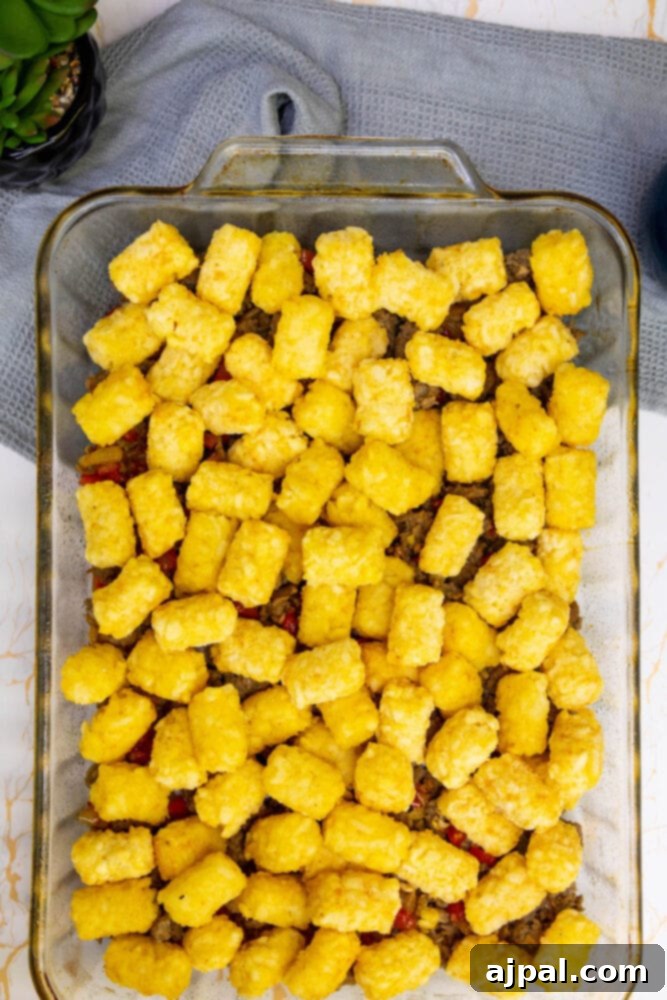 Hearty Tater Tot Breakfast Bake 11 Frozen tater tots arranged in a single layer over the sausage and vegetable mixture in the baking dish.