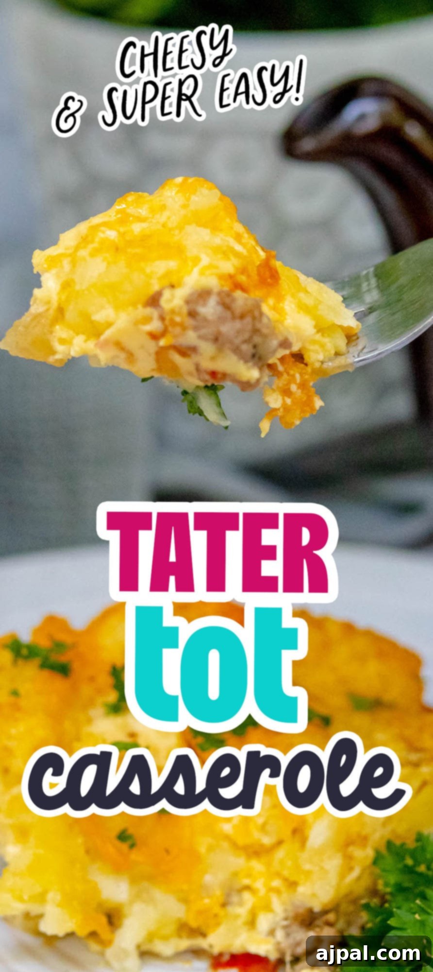 Hearty Tater Tot Breakfast Bake 17 A full baked tater tot casserole, golden and bubbly, in a white baking dish.
