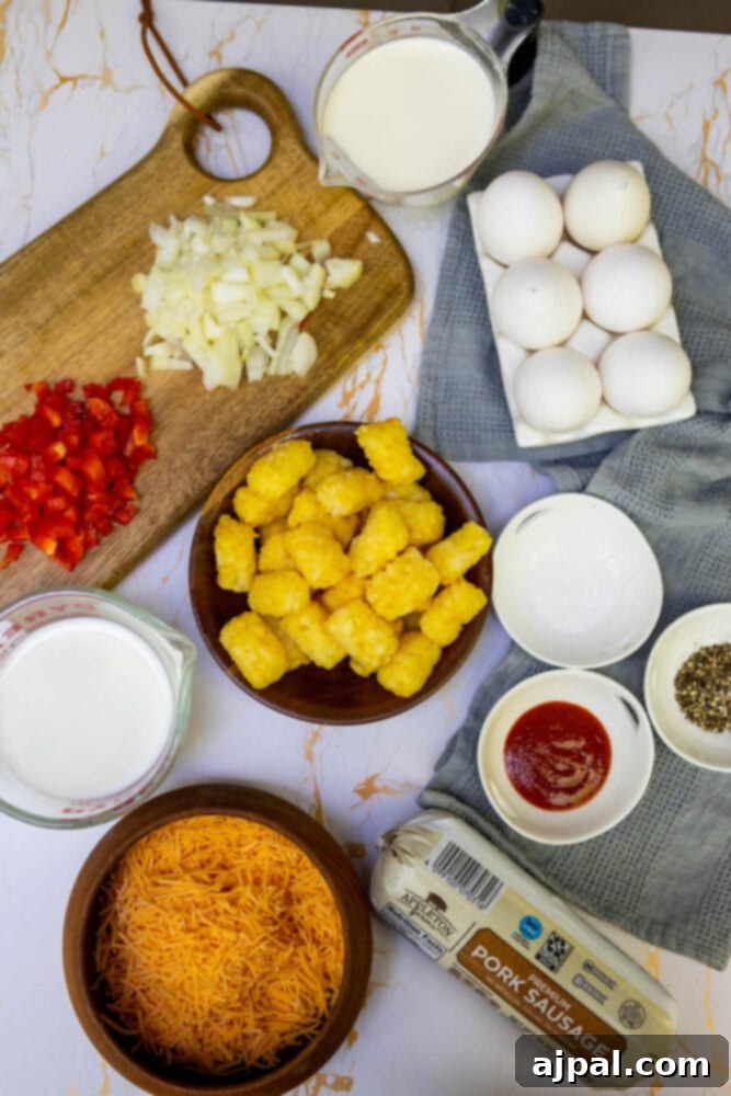 Hearty Tater Tot Breakfast Bake 5 A vibrant display of casserole ingredients including fresh eggs, milk, shredded cheese, and chopped vegetables.