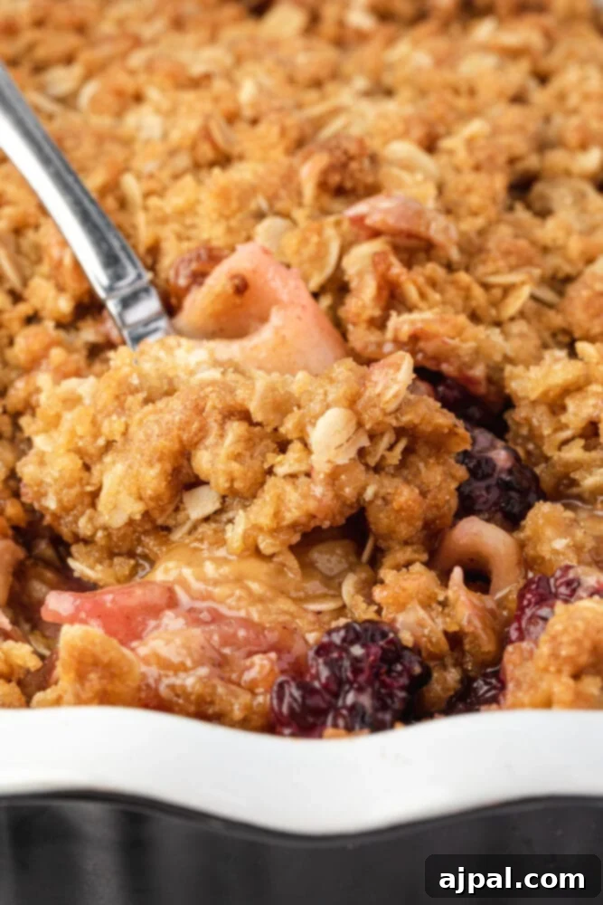 Apple and Blackberry Crumble 5 A dish of Apple cranberry crisp with a spoon, highlighting the bubbly fruit