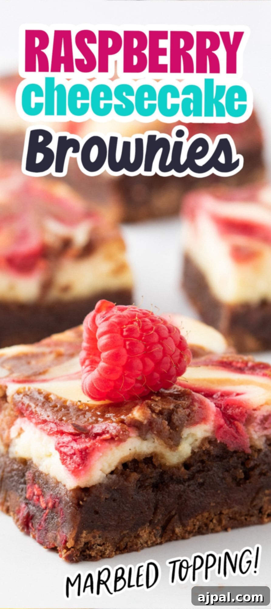 Ultimate Raspberry Cheesecake Brownies 17 Marbled raspberry cheesecake brownies with a raspberry swirl topping.