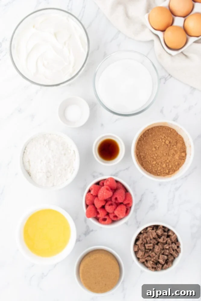 Ultimate Raspberry Cheesecake Brownies 5 brownie ingredients on a table
