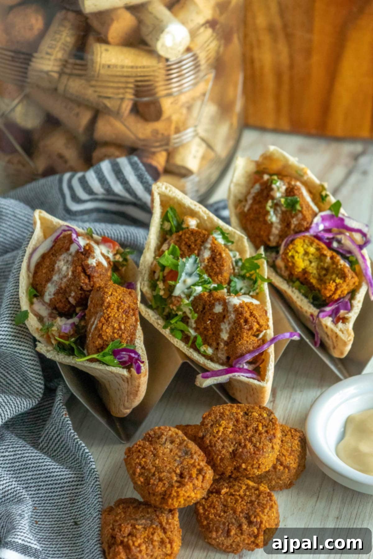 three pitas stuffed with falafel balls, cabbage, and salad with tahini sauce ladled on top