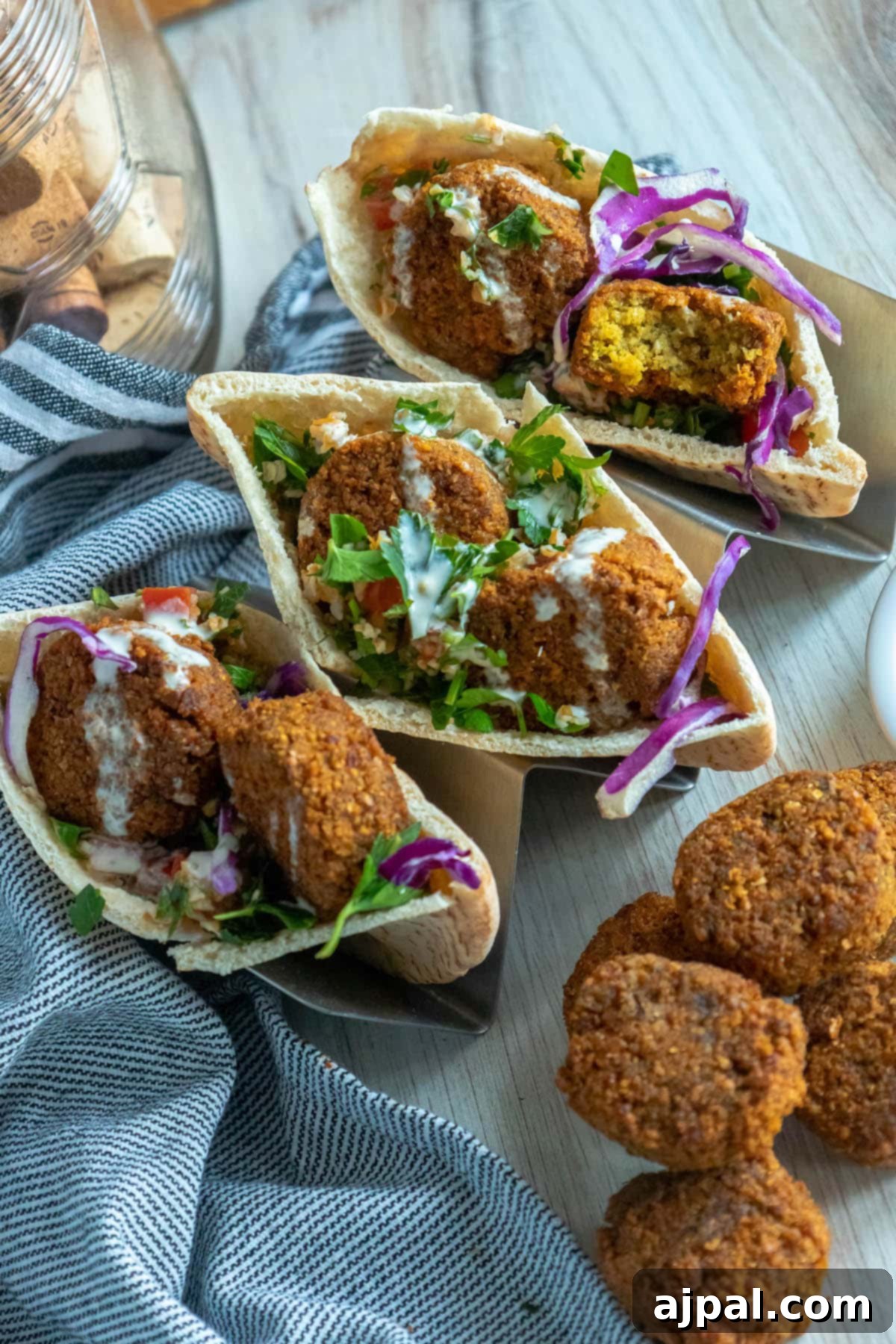three pitas stuffed with falafel balls, cabbage, and salad with tahini sauce ladled on top