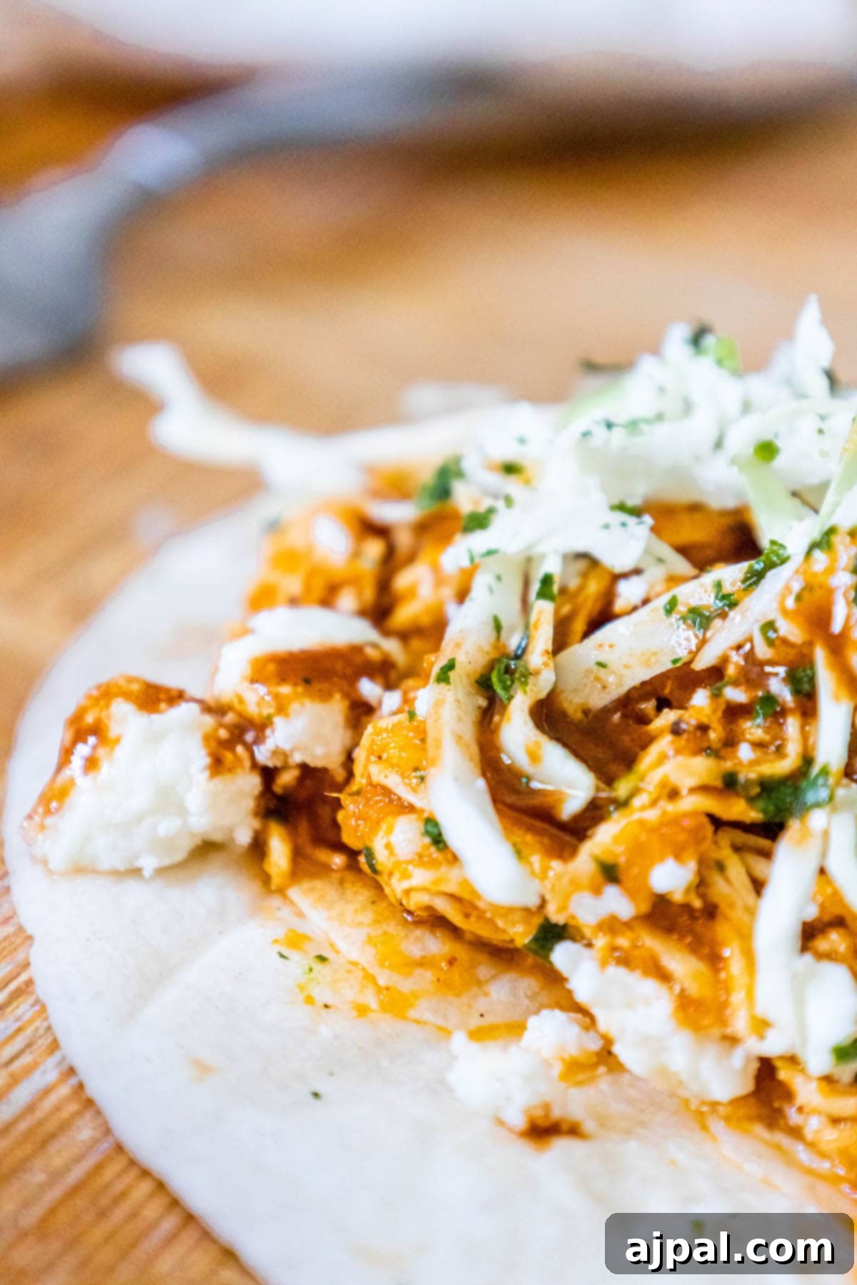 shredded chicken tinga in a tortilla with chopped cilantro, cabbage, and crumbled cotija cheese on top