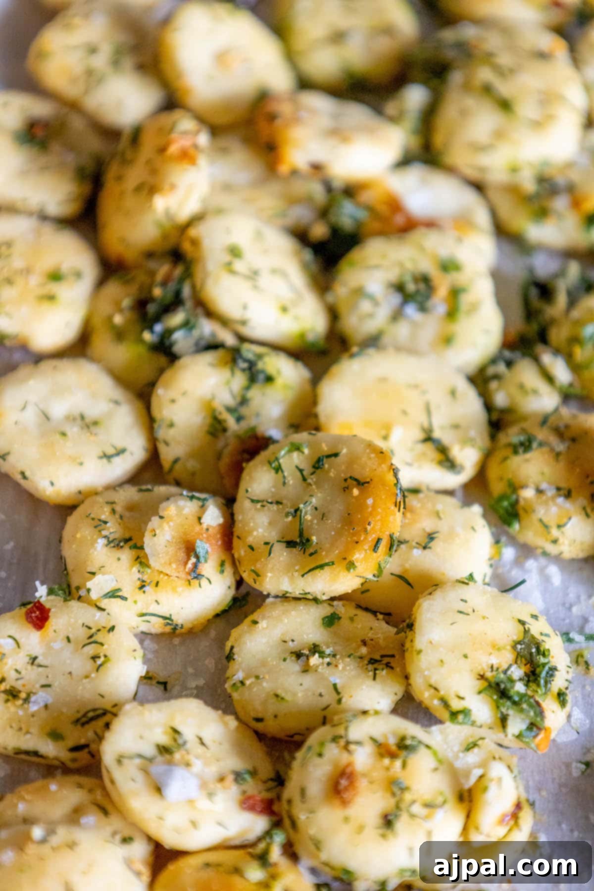 Kickin' Ranch Krunchies 4 spicy ranch seasoned baked oyster crackers in a bowl