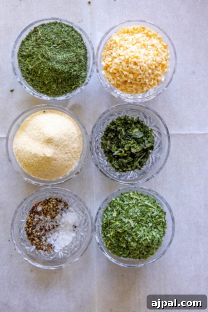 Kickin' Ranch Krunchies 5 herbs and spices in bowls on a table