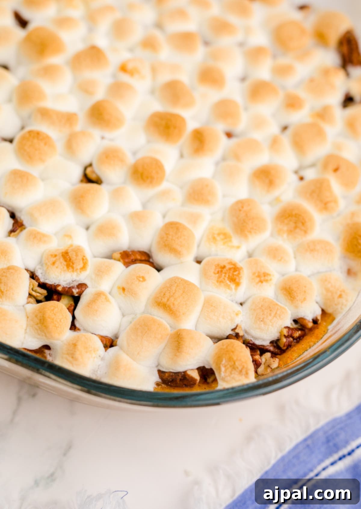 Golden Sweet Potato Delight 15 casserole dish with pecans and mashmallows on it