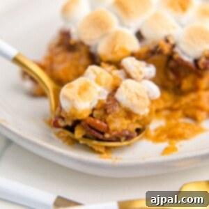 Golden Sweet Potato Delight 20 Sweet potato casserole topped with marshmallows and pecans on a plate.