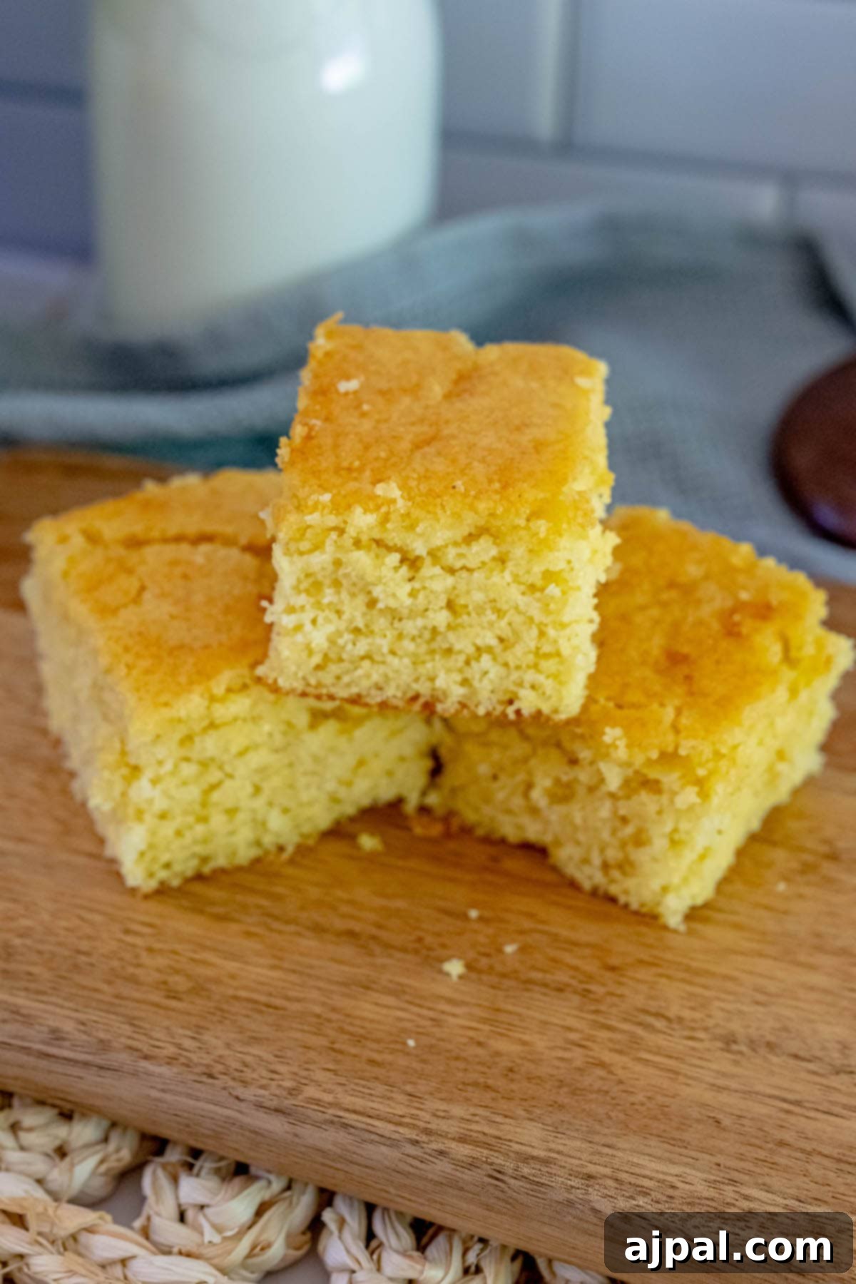 A beautifully sliced piece of honey butter cornbread rests atop a stack of other golden-brown slices on a rustic wooden table, inviting a delightful taste.