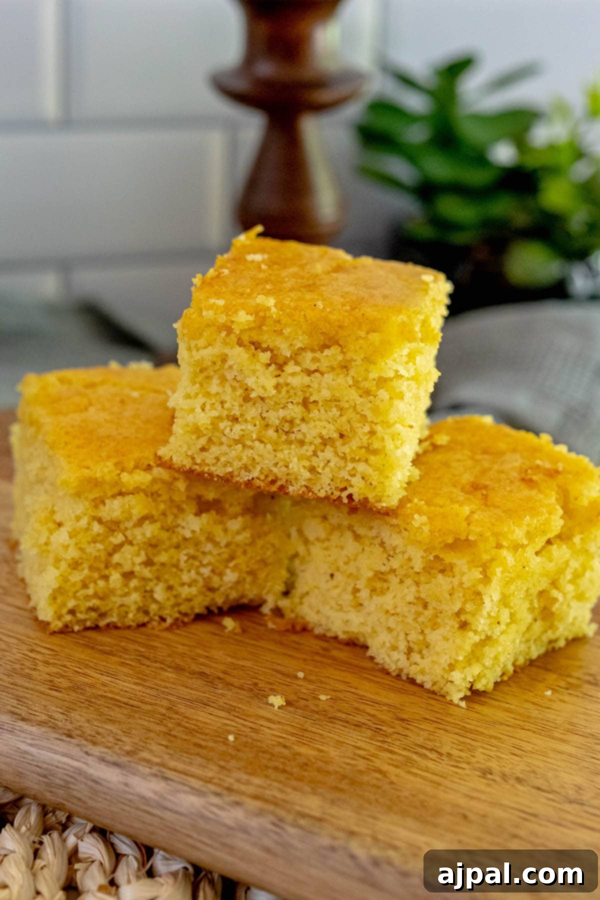 Three squares of sweet southern honey cornbread are artfully arranged on a rustic wooden cutting board, ready to be enjoyed.