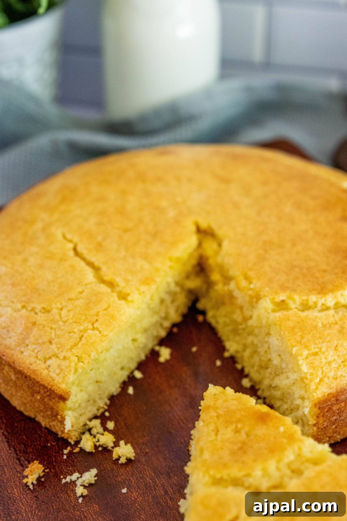 A thick slice of easy honey butter cornbread, golden-brown and perfectly textured, sits ready for enjoyment on a cutting board.