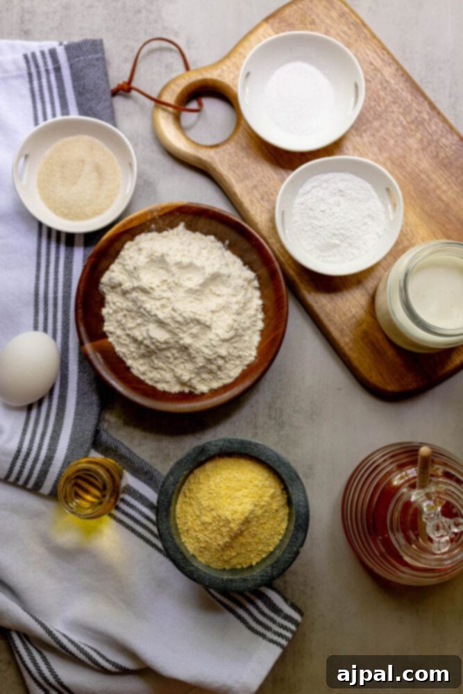 A vibrant collection of essential cornbread ingredients, including flour, sugar, cornmeal, eggs, and milk, meticulously arranged on a table.