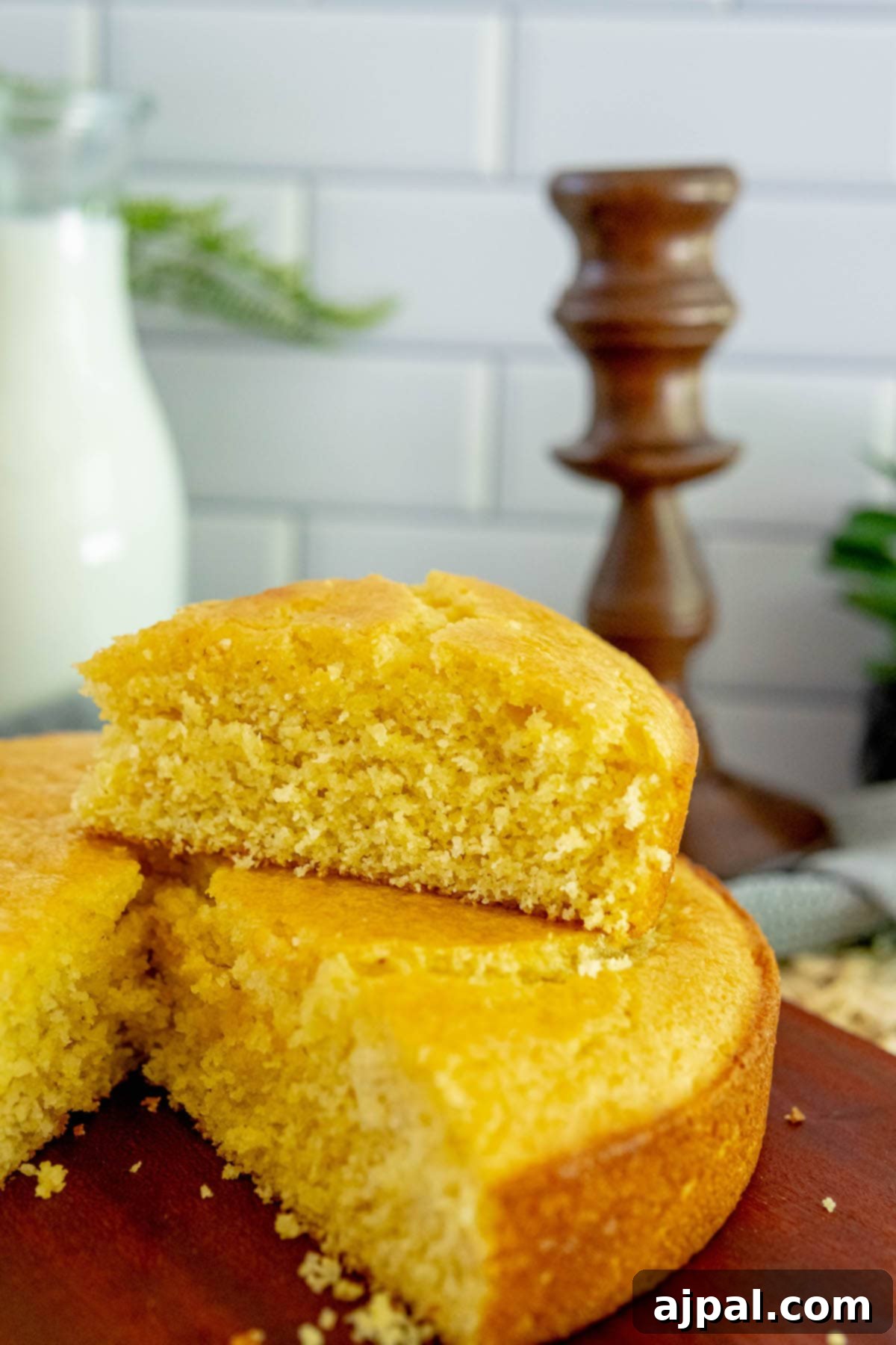 A mouth-watering slice of sweet southern honey cornbread, perfectly golden and ready to be enjoyed.