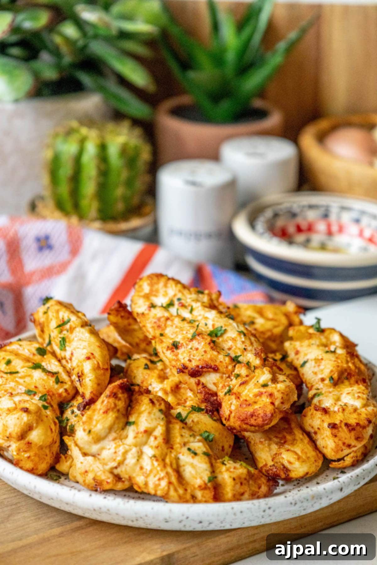 Grilled Ajika Chicken served with a vibrant cactus backdrop, suggesting a warm and inviting culinary setting.