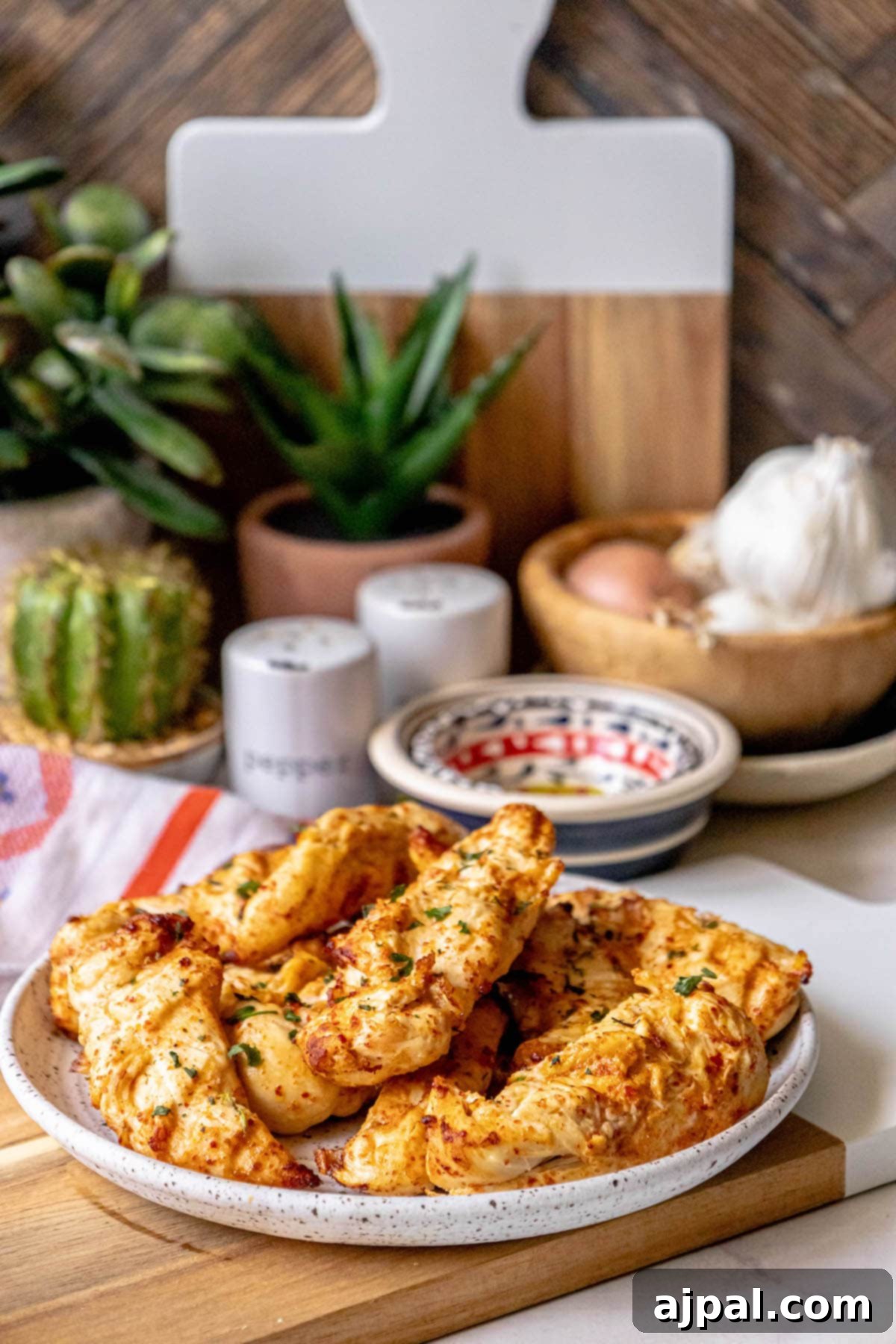 A beautiful platter of Grilled Ajika Chicken wings arranged on a rustic wooden cutting board, inviting guests to partake.