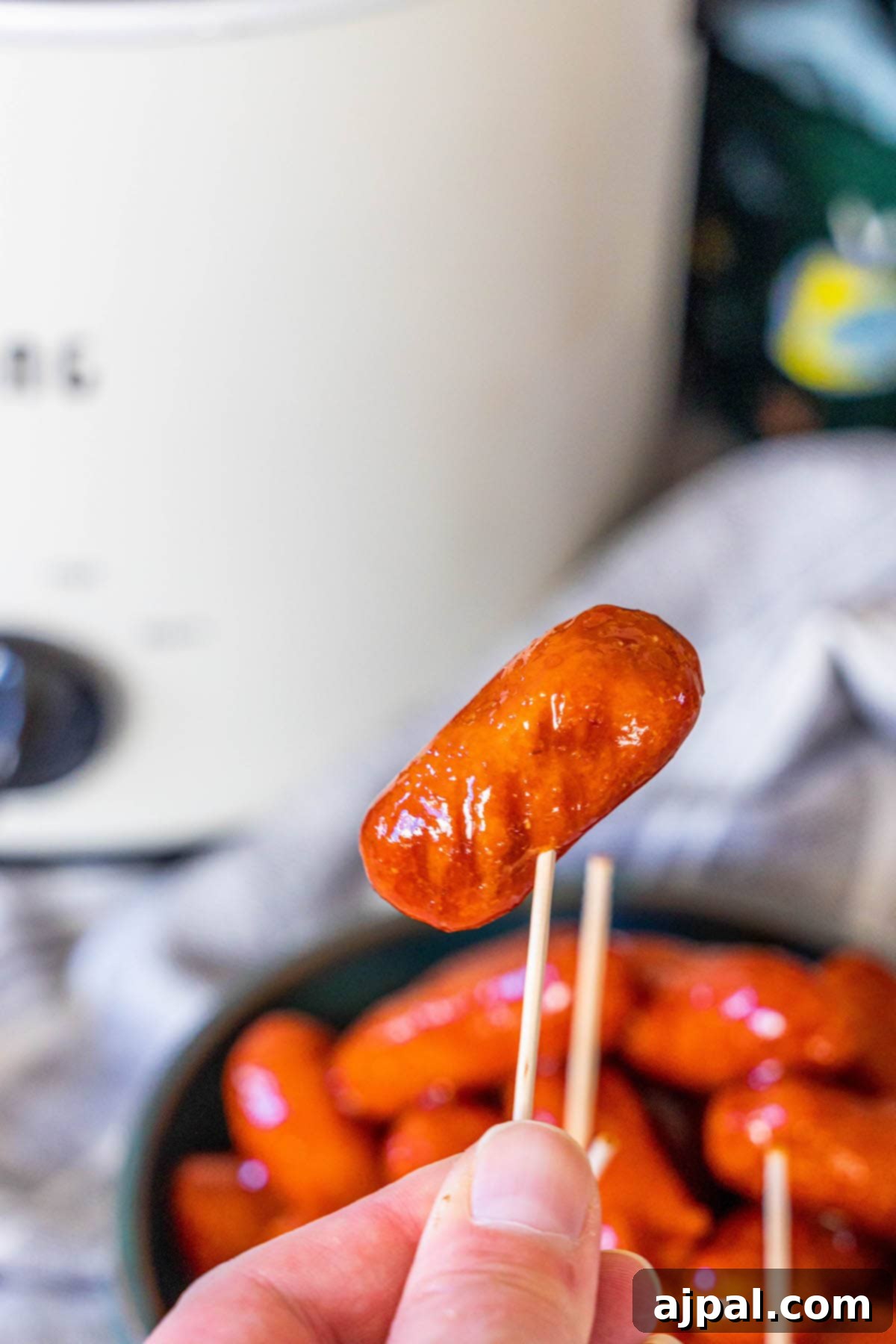 a hand holding a little smokie on a toothpick in front of little smokies in bbq sauce in a blue bowl in front of a crock pot on a table