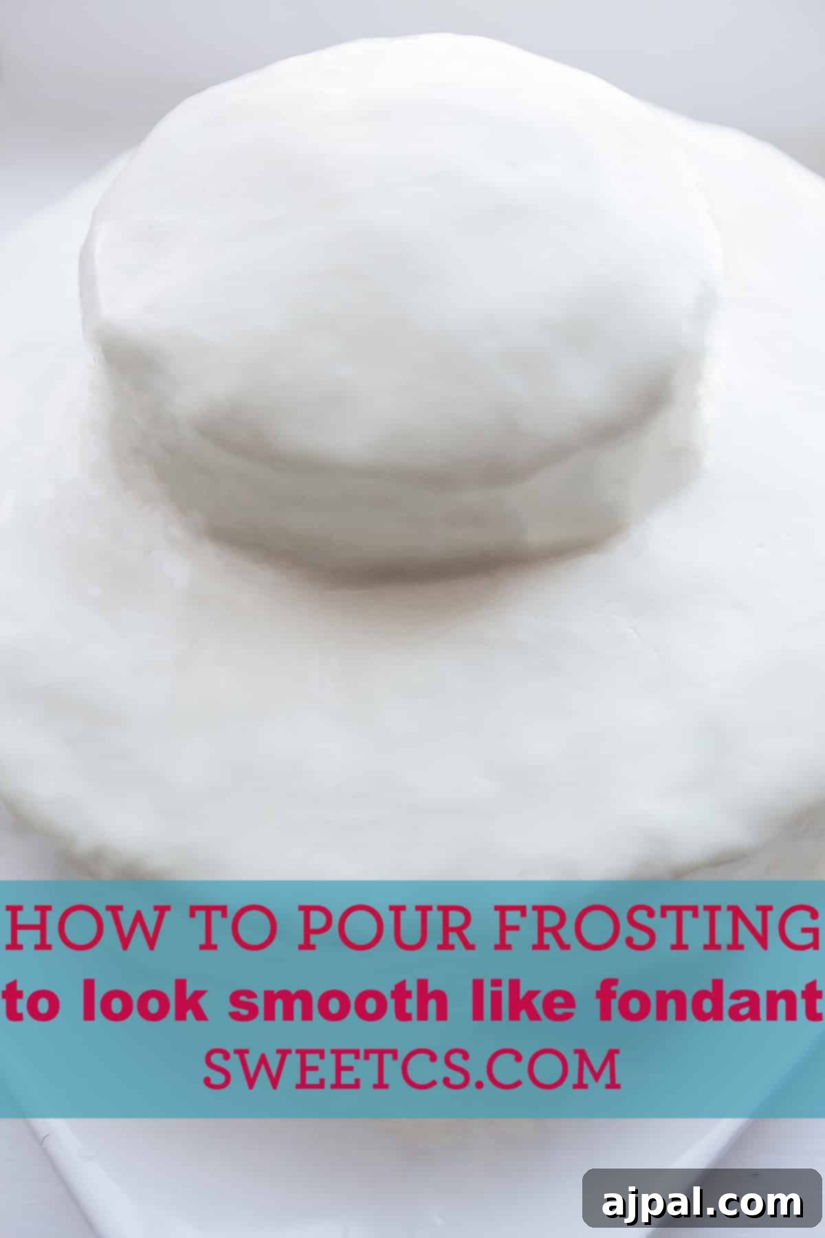 Molten Frosting 7 A pristine cake covered in a smooth, white pourable faux fondant icing, highlighting its professional and elegant finish.