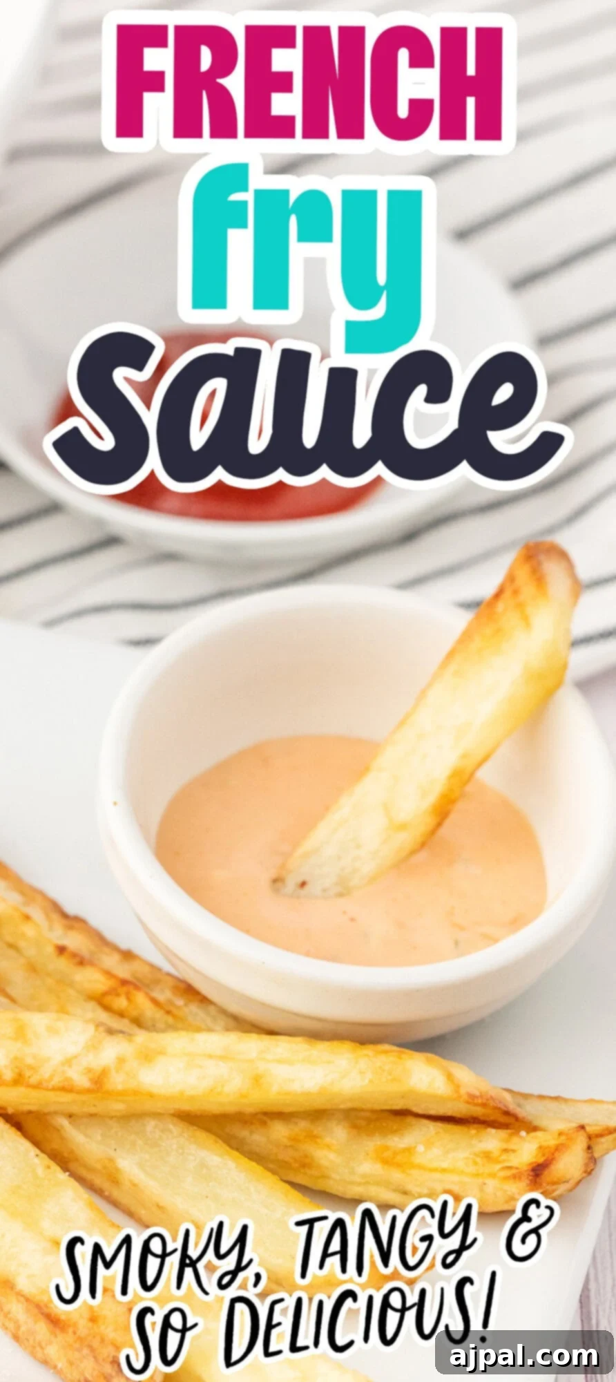 Ultimate Fry Dip 8 A single golden French fry being dipped into a small, elegant cup of our rich and creamy French fry sauce, emphasizing its irresistible appeal.