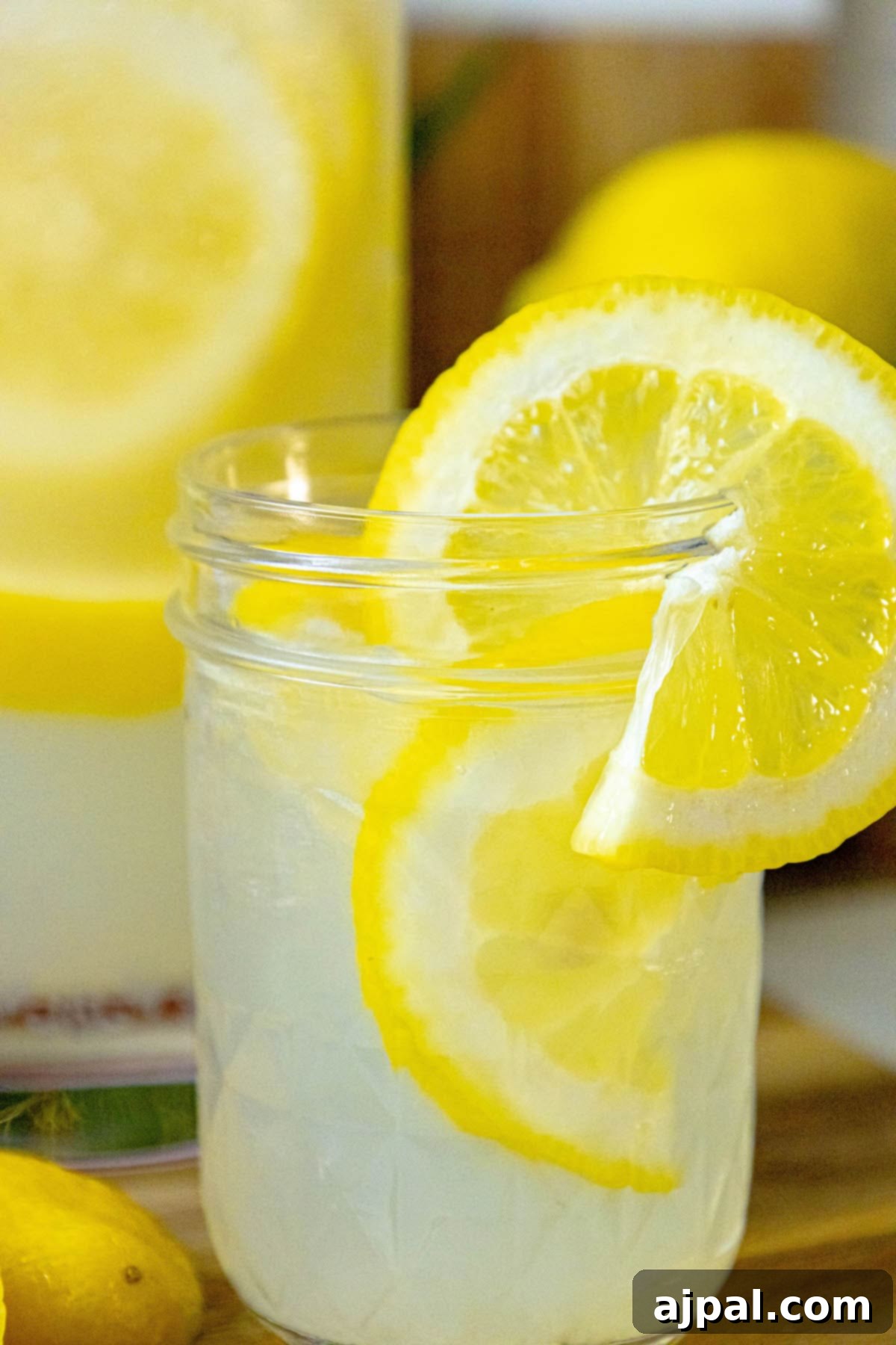 A refreshing glass of homemade lemonade, garnished with a lemon slice and filled with pebble ice, sits invitingly on a table.