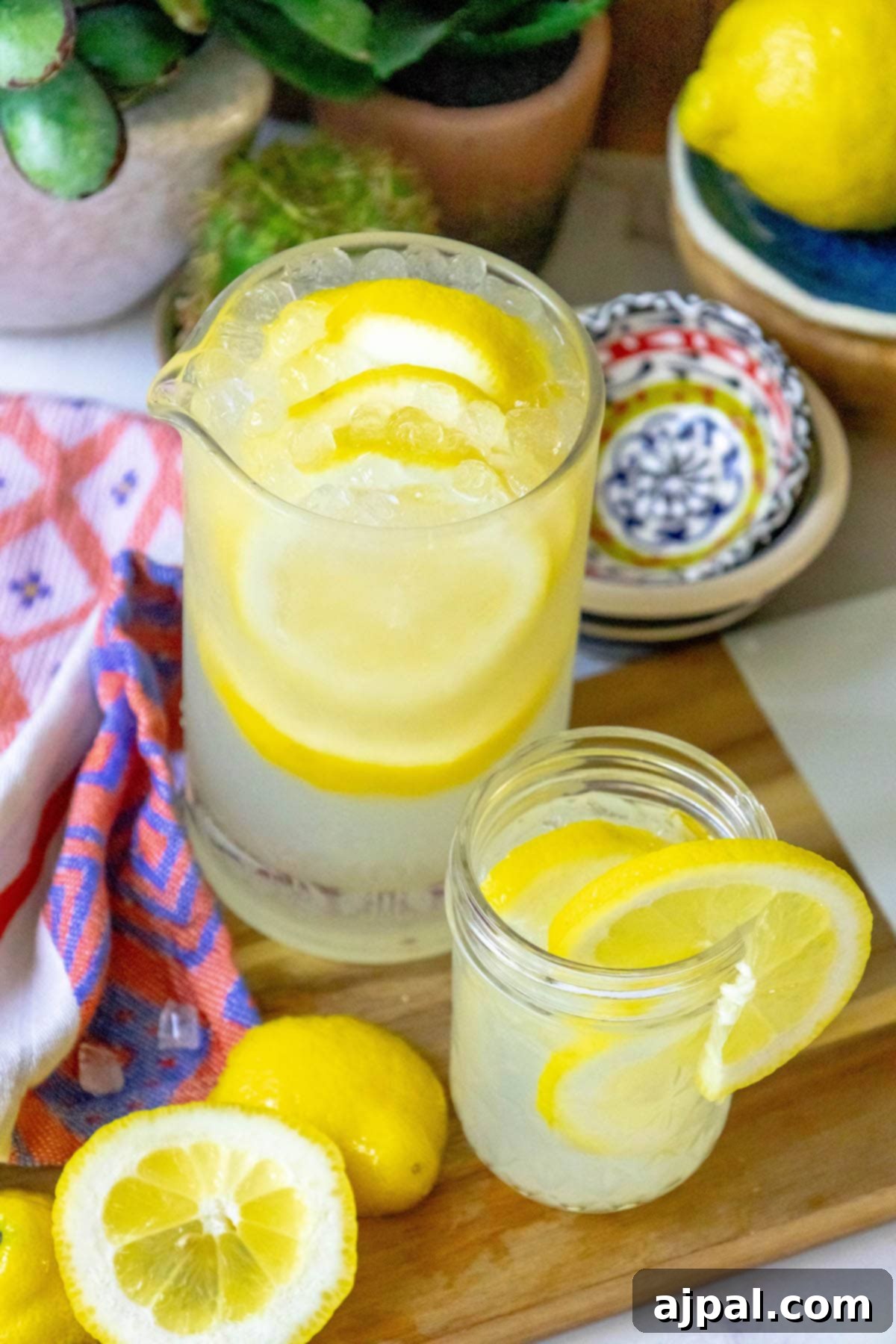 A charming homemade pitcher of lemonade, accompanied by fresh lemon slices, rests on a rustic wooden cutting board, ready to serve.