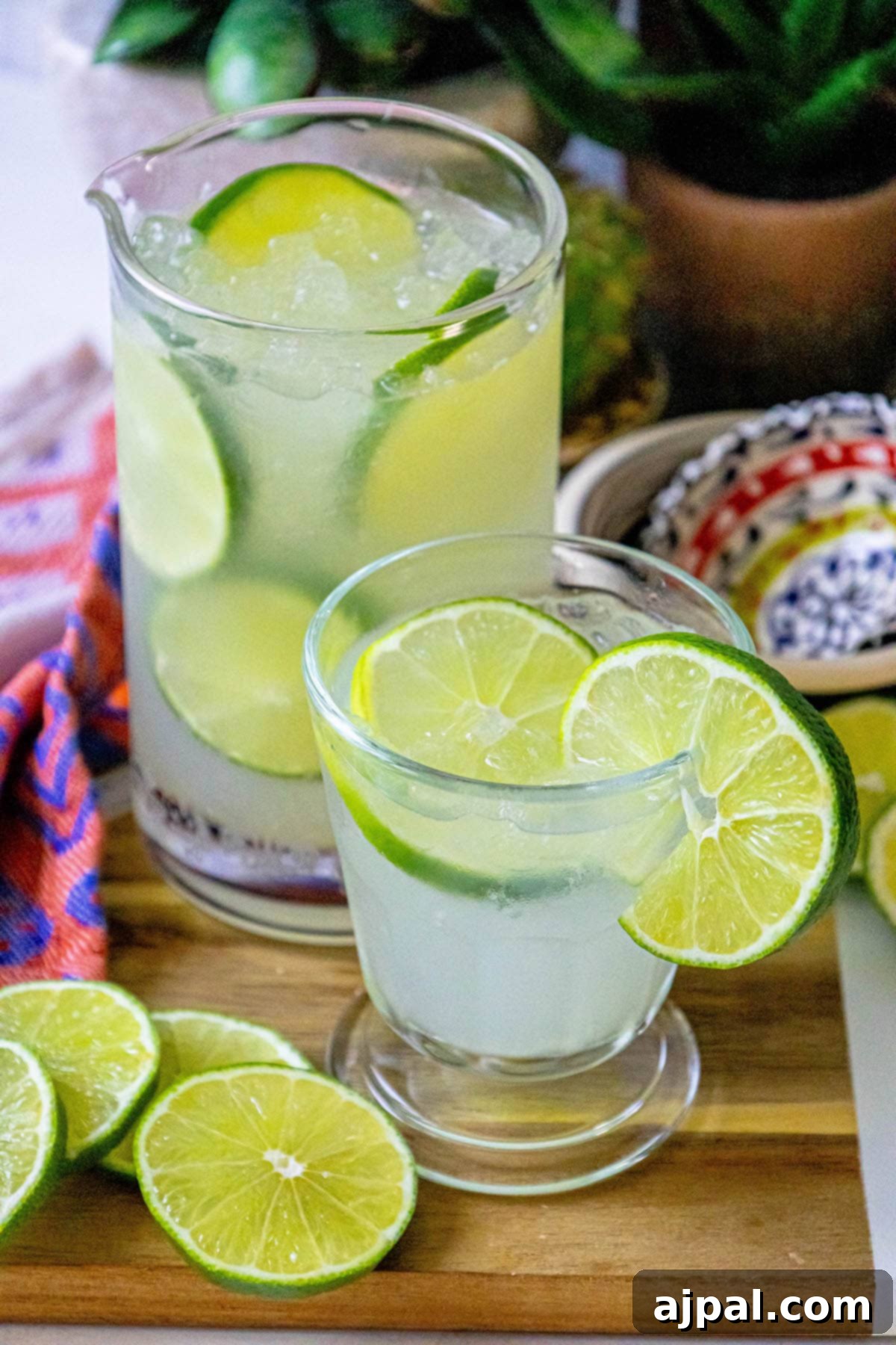 A pitcher of freshly made limeade with lime slices and ice, ready to be served.