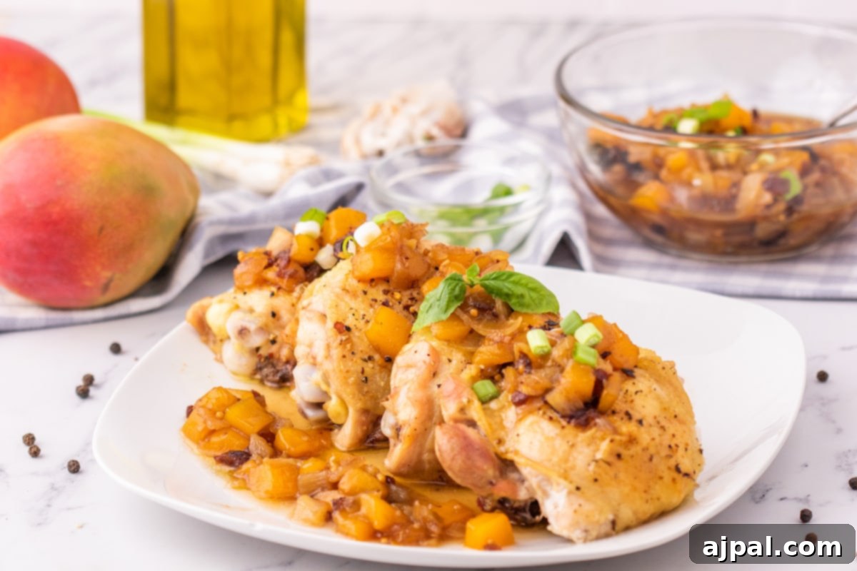 A delightful dish featuring baked chicken thighs stuffed with black beans and fresh mangoes, served alongside a vibrant bowl of mango chutney for an extra burst of flavor.