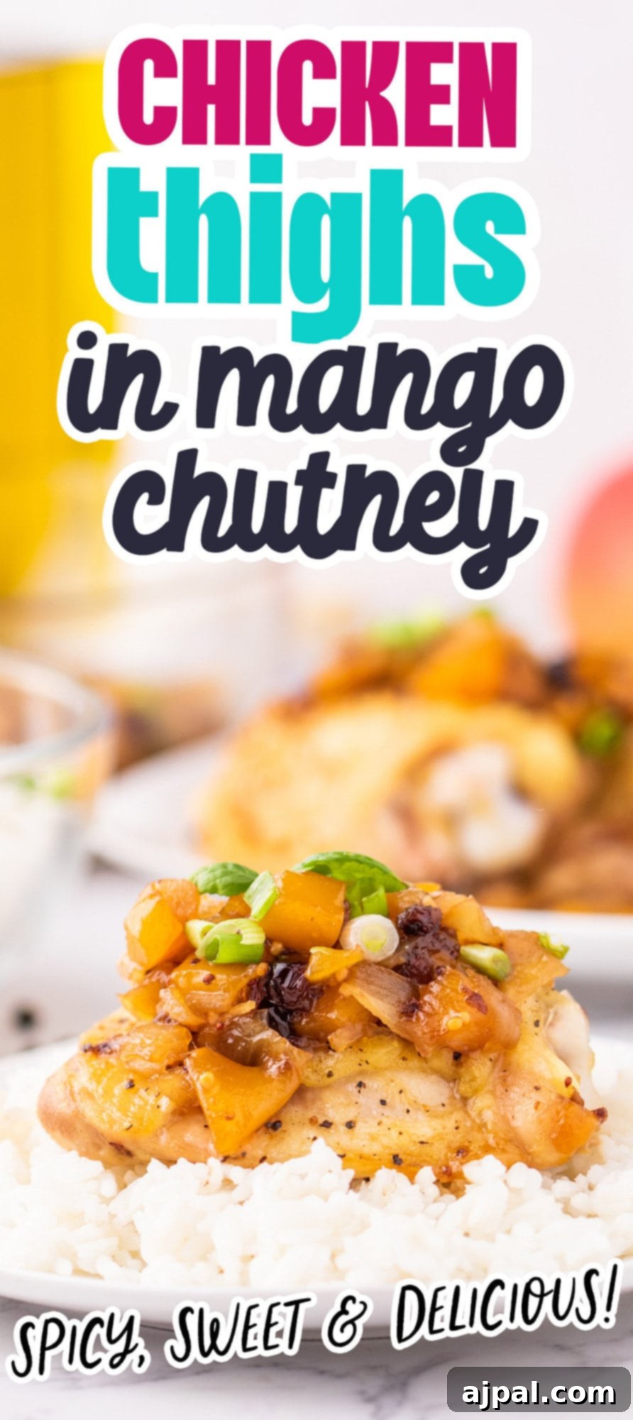 A visually stunning image of chicken thighs cooked to perfection with mango chutney, showcasing the rich colors and textures of the dish.