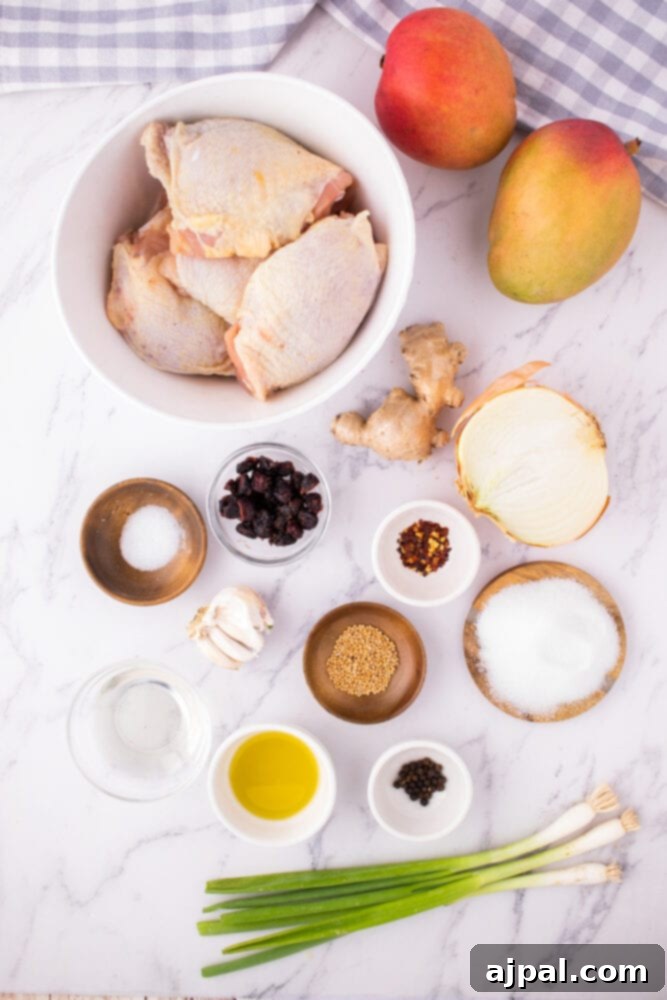 Assortment of fresh ingredients for mango chutney chicken, including raw chicken thighs, vibrant spices, and ripe mangoes, arranged on a rustic wooden table.
