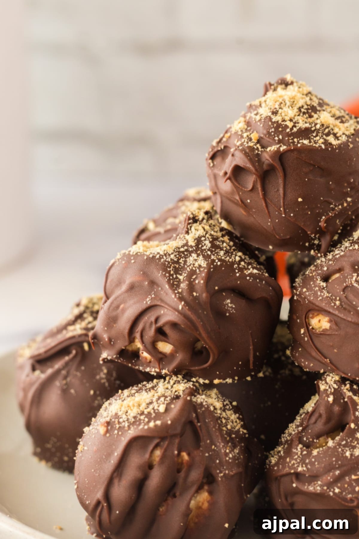 S'mores truffles stacked on a plate, showcasing their graham cracker coating and tempting appearance.