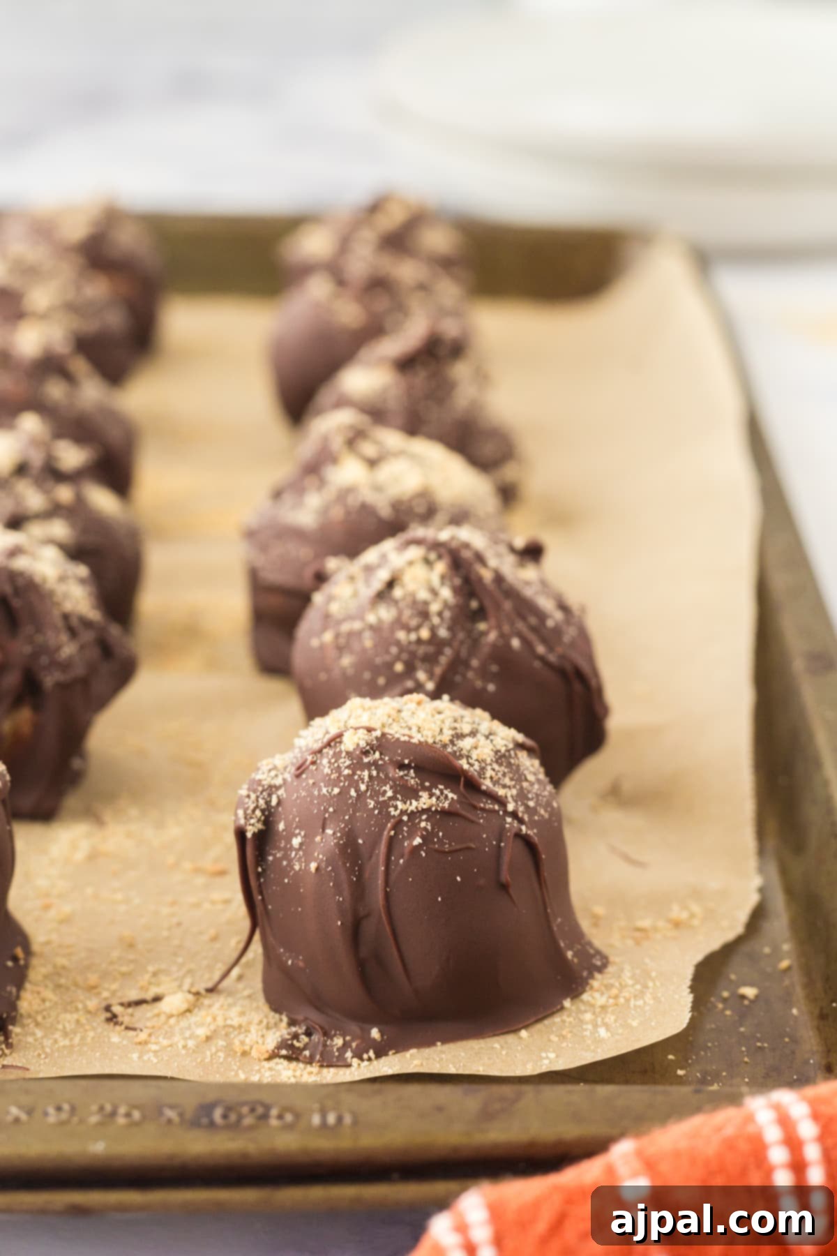 A baking sheet lined with parchment paper holds a tray of S'mores truffles, perfectly coated in rich chocolate.
