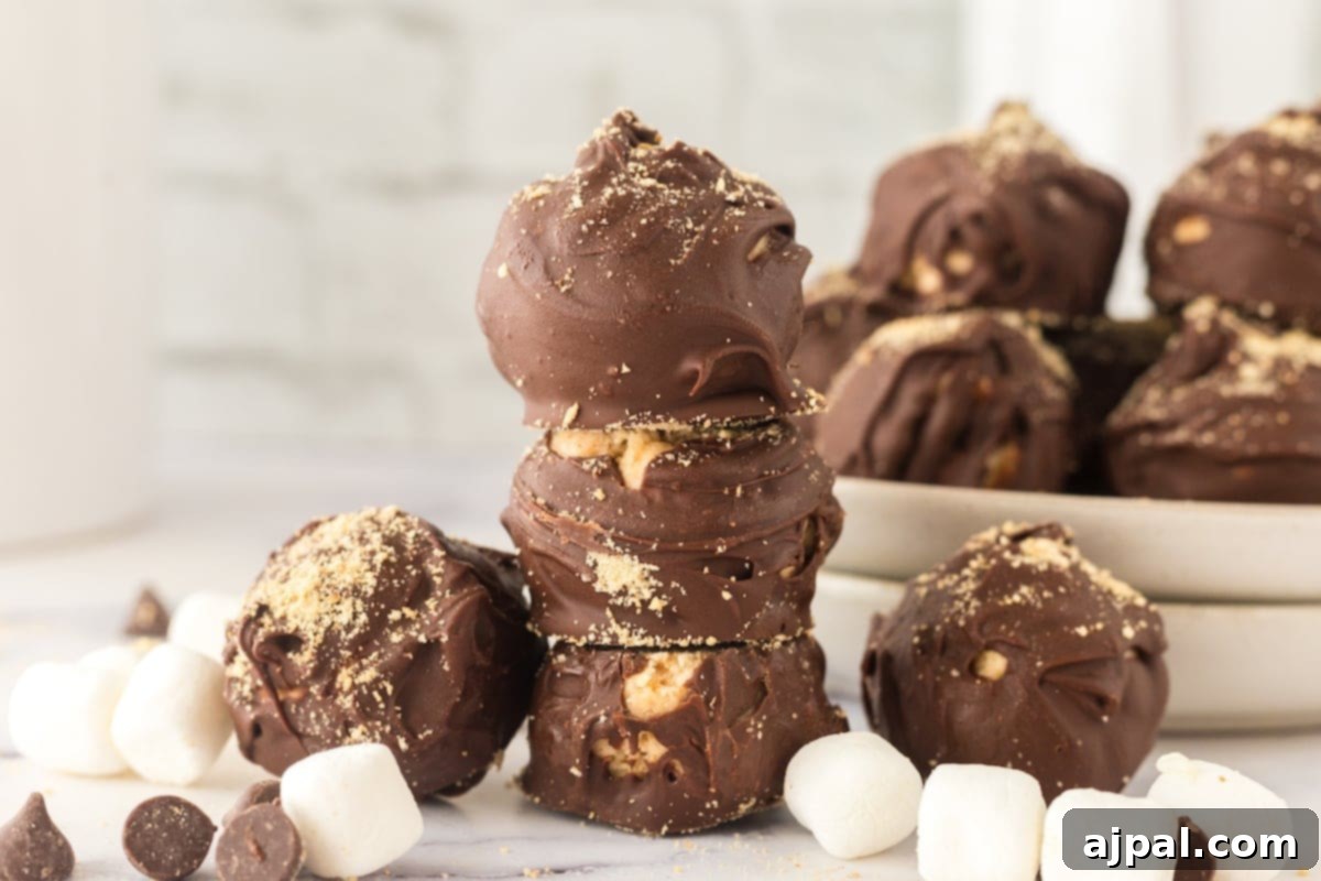 A beautifully arranged stack of S'mores truffles on a plate, tempting with their rich chocolate and graham cracker coating.