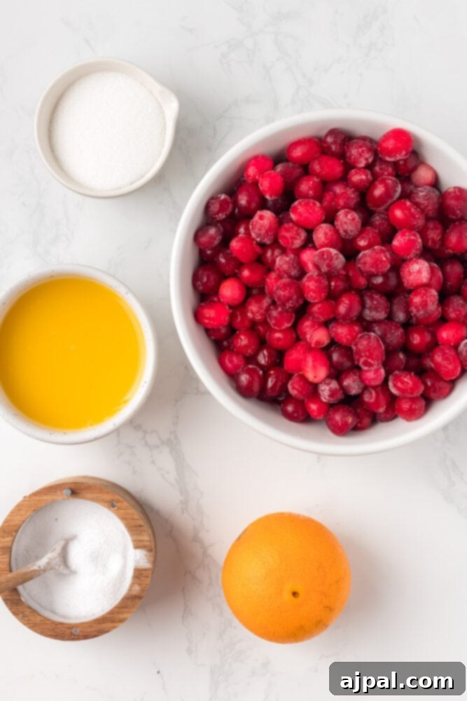 cranberries, orange juice, sugar, orange zest on a table