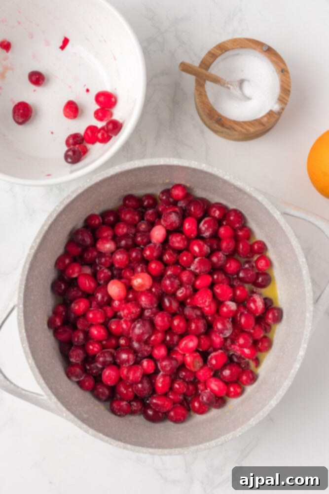 cranberries and orange juice in a pot