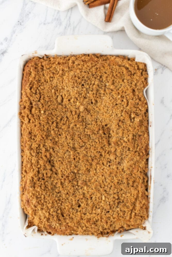 A perfectly baked coffee cake, golden brown and fragrant, still warm in its baking dish after coming out of the oven.