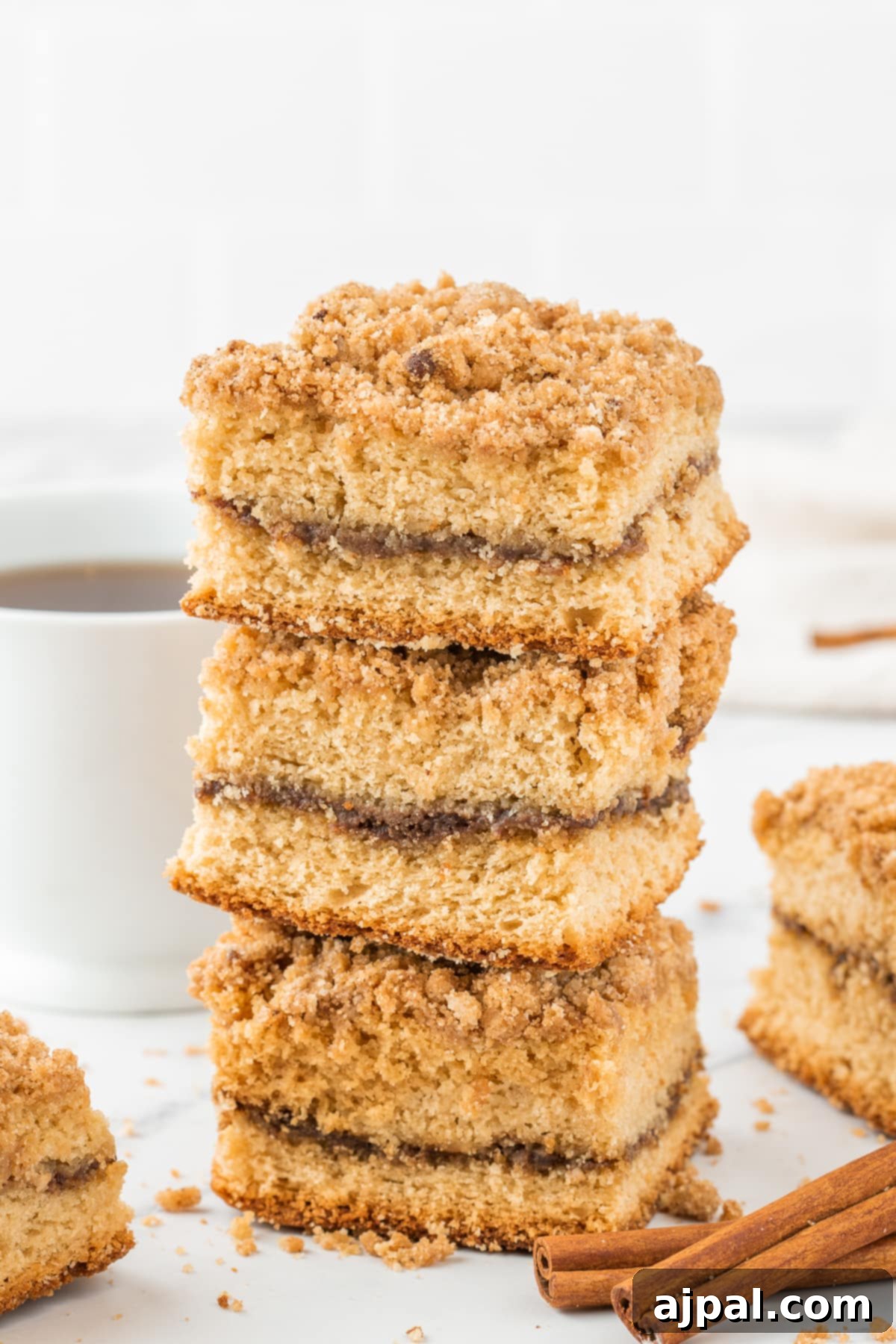 Multiple slices of coffee cake beautifully stacked on a wooden table, emphasizing the delightful layers of cake and streusel.