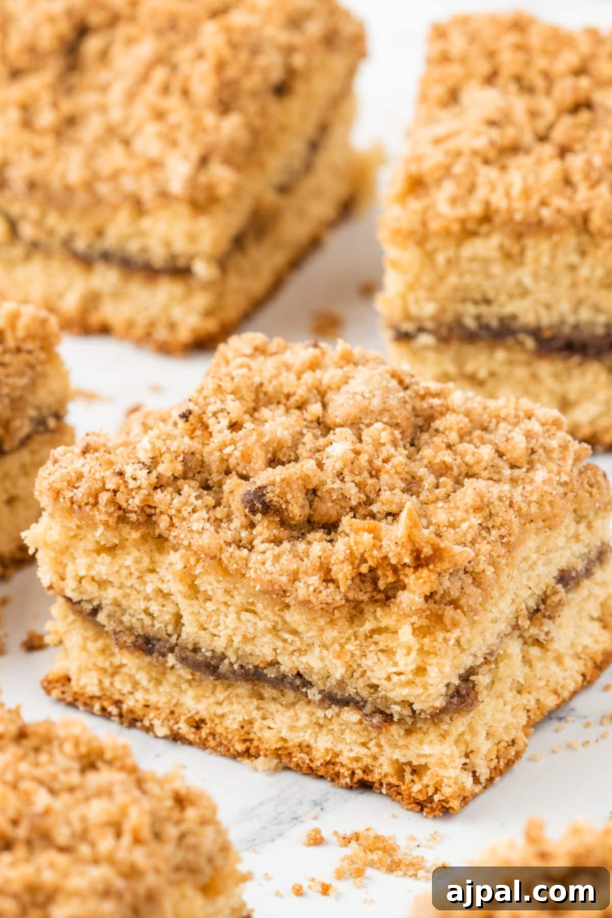 A close-up of individual coffee cake squares with a rich crumb topping on a white surface
