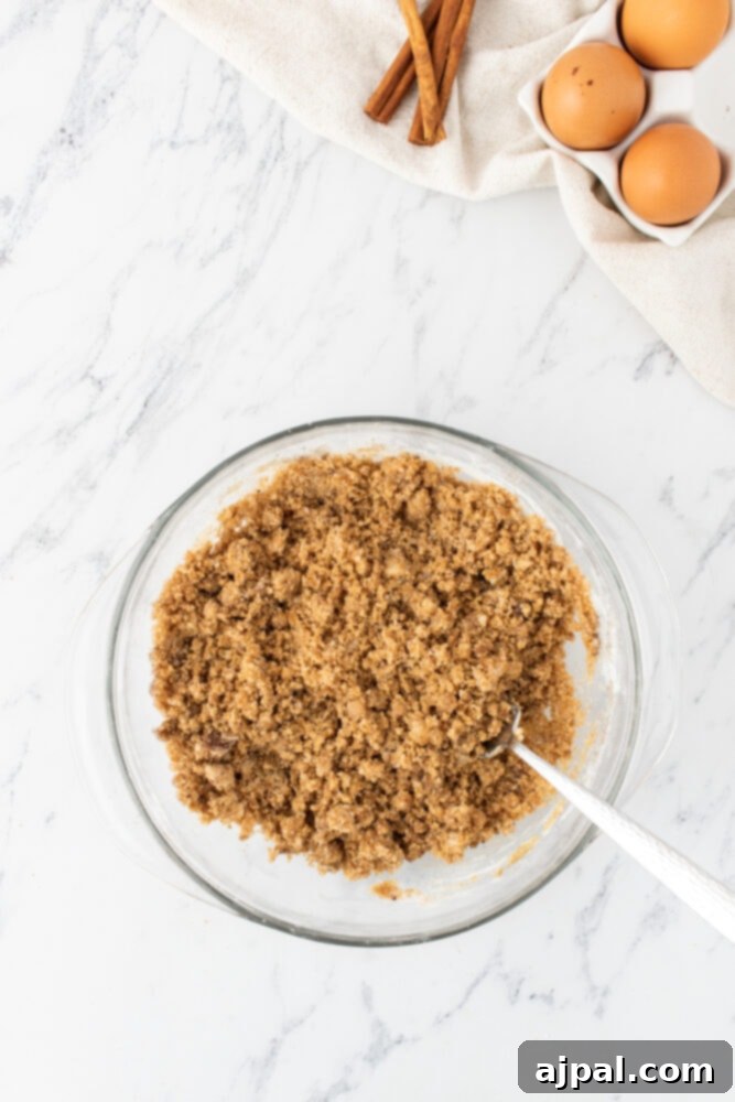 Coffee cake streusel crumble mixture in a bowl, prepared for topping