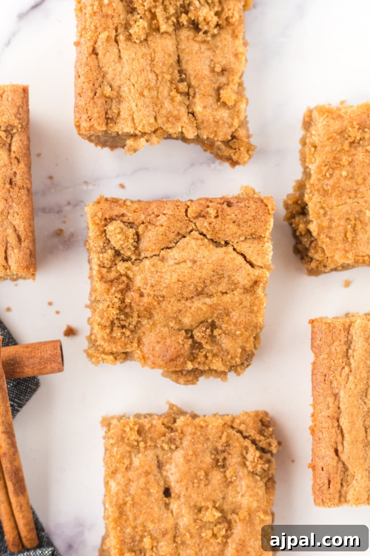 Freshly baked Snickerdoodle Blondies, sliced and arranged invitingly on a table, with cinnamon sticks for garnish.
