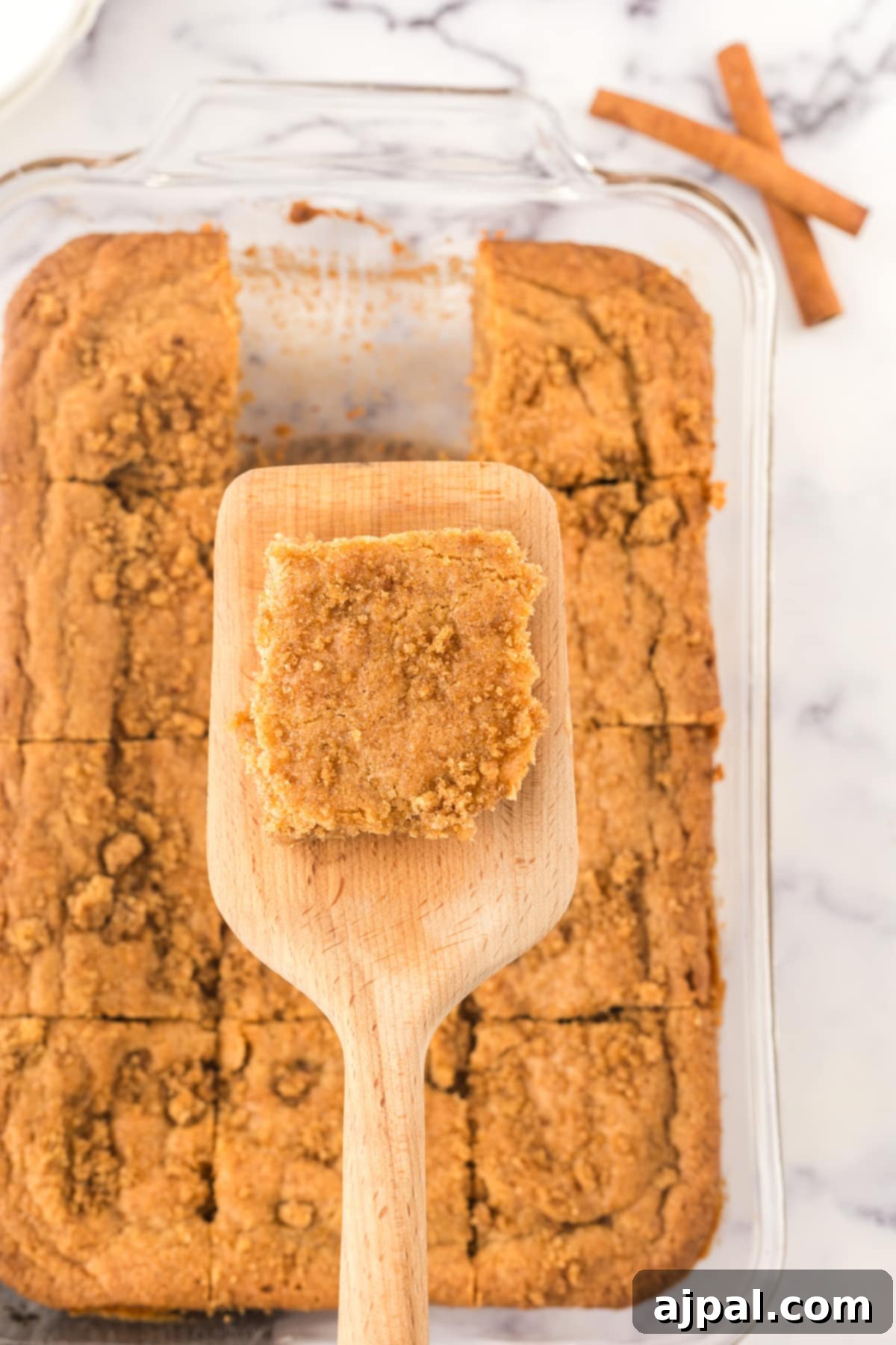 A single Snickerdoodle Blondie, warm and chewy, resting on a spatula ready to be served