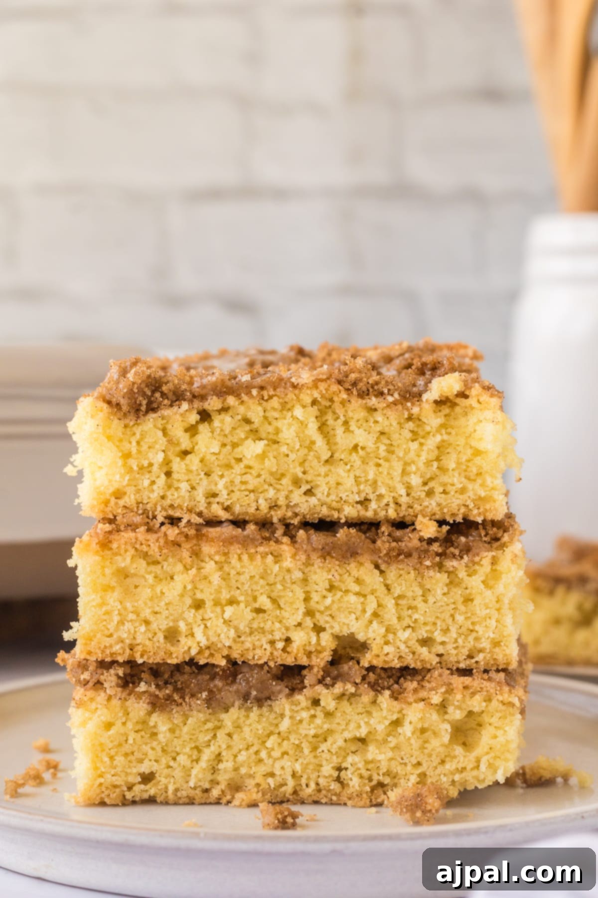 Snickerdoodle Streusel Cake 2 A perfectly baked slice of Snickerdoodle Crumb Cake, showcasing its golden crumb topping and soft interior, rests on a white plate, ready to be enjoyed.