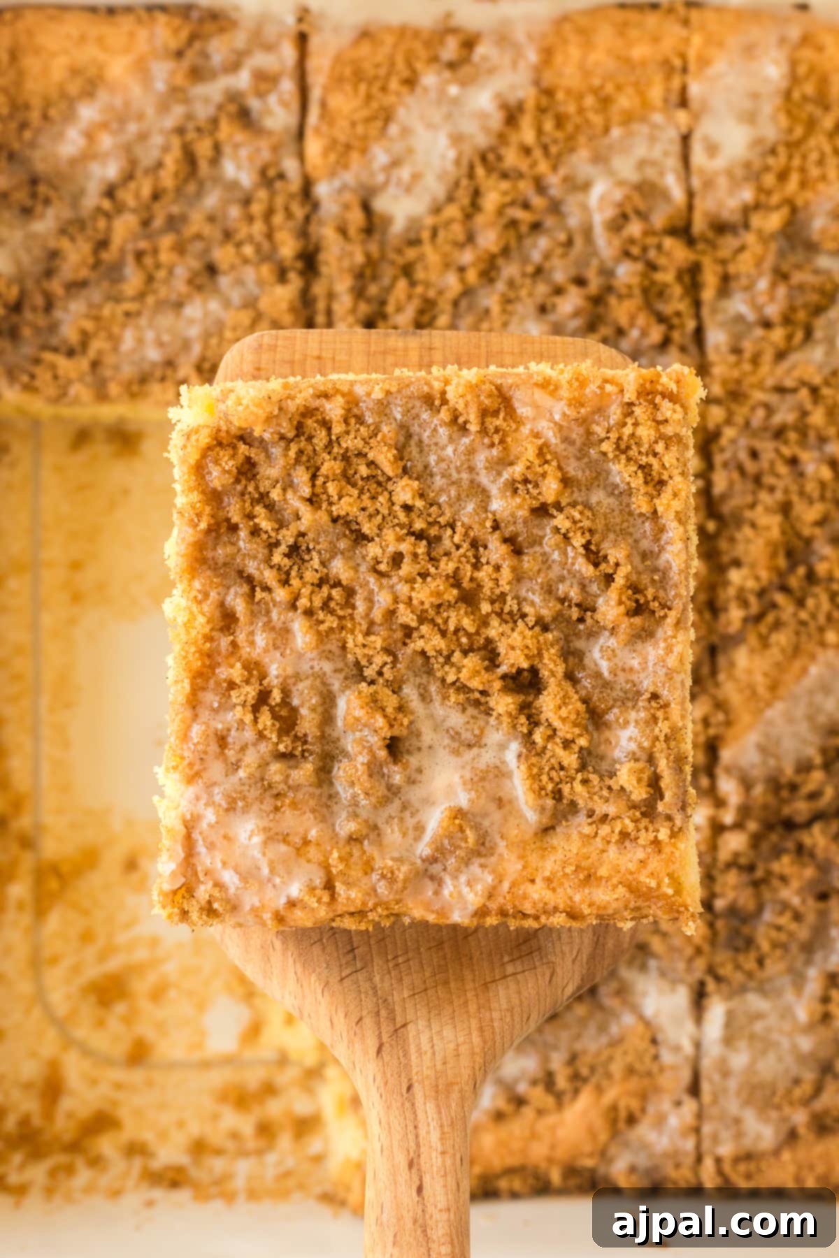 Snickerdoodle Streusel Cake 12 A slice of Snickerdoodle Crumb Cake with its golden brown crumb topping and moist interior, accompanied by a wooden spoon, suggesting a delightful and rustic treat.