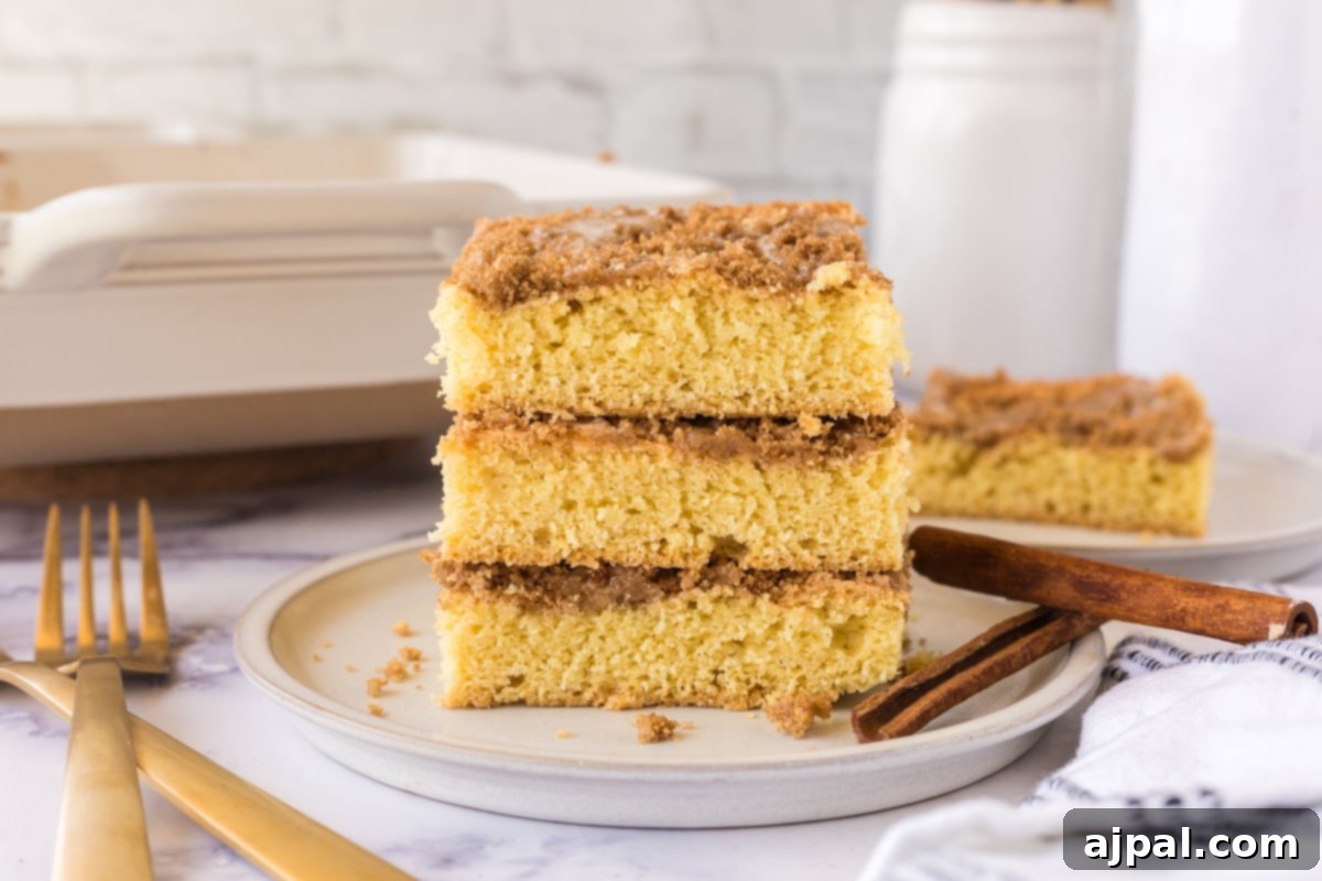 Snickerdoodle Streusel Cake 3 Multiple slices of Snickerdoodle Crumb Cake, each adorned with a generous crumb topping, stacked artfully on a white plate, highlighting the dessert's appealing layers.