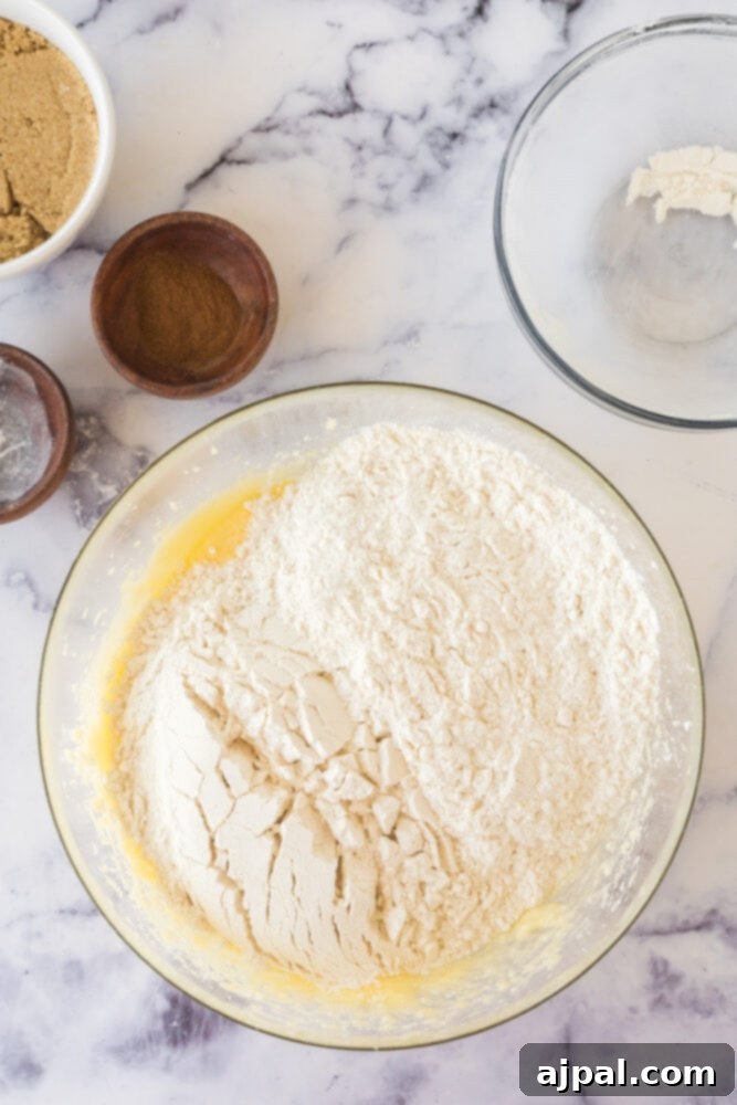 Snickerdoodle Streusel Cake 6 Dry cake ingredients, including flour and baking powder, expertly mixed in a bowl, forming the base for the Snickerdoodle Crumb Cake batter.