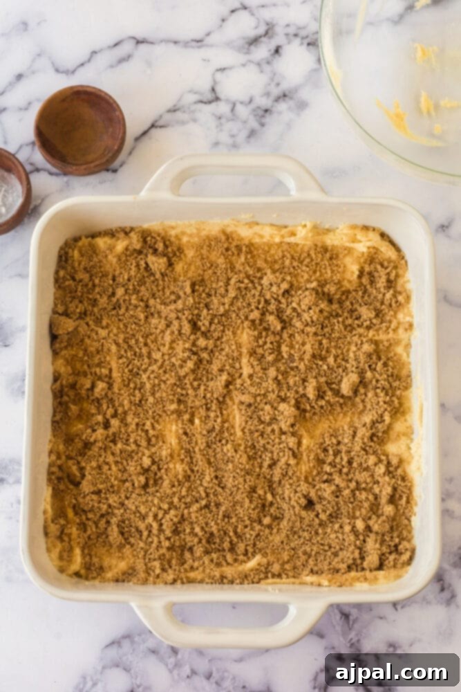 Snickerdoodle Streusel Cake 9 The Snickerdoodle Crumb Cake batter spread evenly in an 8x8 inch baking dish, topped with a generous layer of cinnamon-sugar crumb, poised for baking.