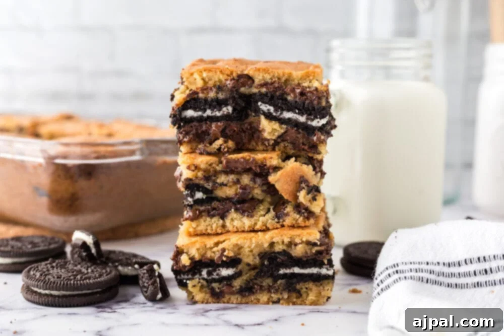 Decadent Oreo Bars 4 Stacked cookie bars, oreo stuffed.